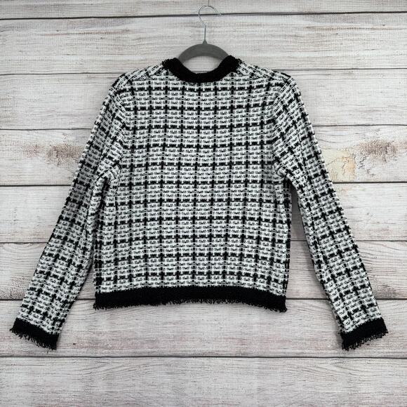 Zara Boucle Beaded Plaid Open Front Jacket Womens Small Black White Fringed NEW - Picture 2 of 11